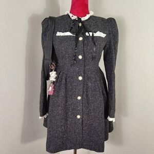 Tweed Gray Button Long-sleeve Front Dress Dollcore Lolita OS